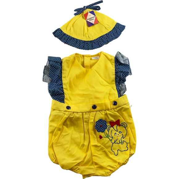 Vintage Baby Outfit Size Unknown Yellow Blue Polka Dot Jumper Embroidered Bonnet - Picture 1 of 4